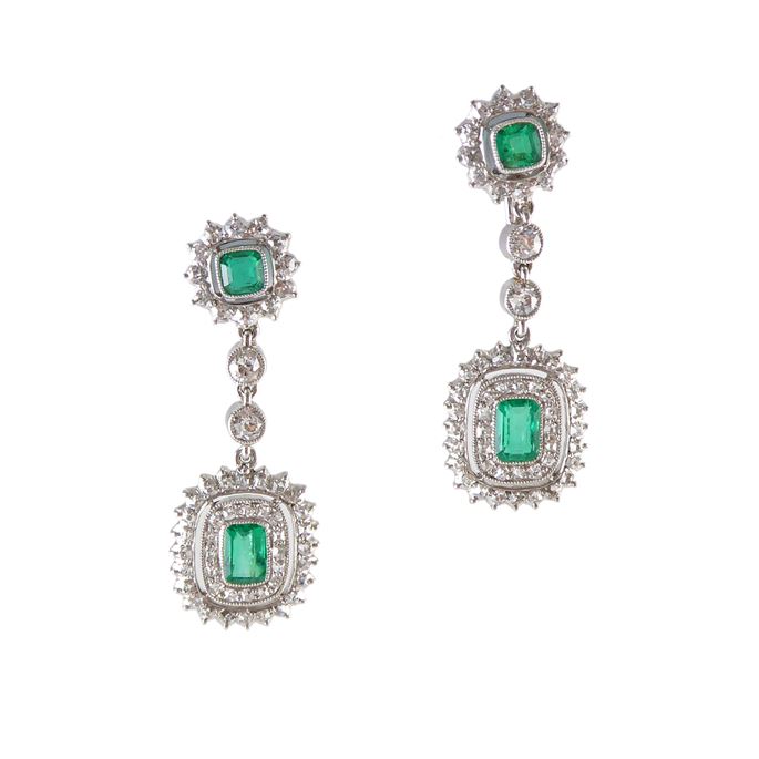 Pair of early 20th century emerald and diamond cluster pendant earrings, English c.1910, possibly by Garrard &amp; Co., | MasterArt